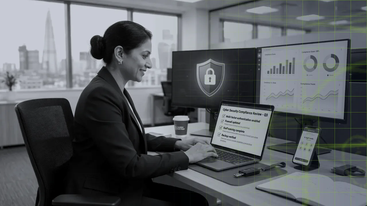 IT manager reviewing a cyber security compliance checklist with a multi-factor authentication code on a phone