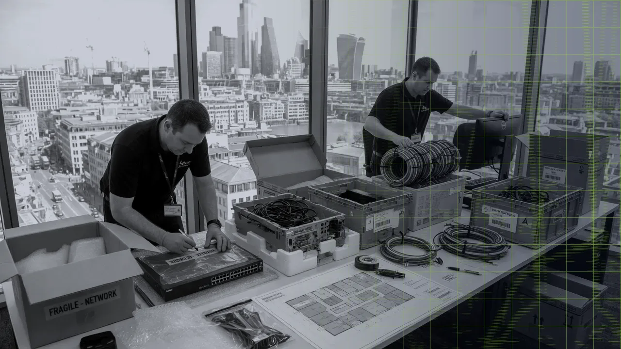 IT engineers packing labelled network equipment and a floor plan for a London office move