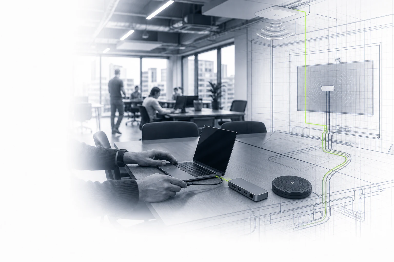 An engineer configuring meeting-room and network technology in a London coworking space