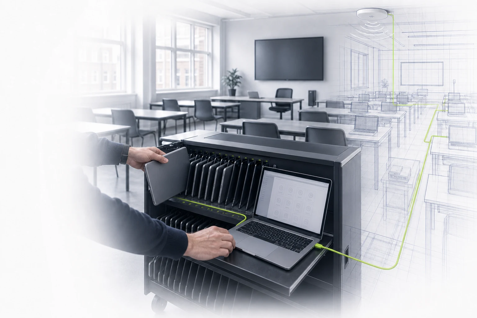 An engineer preparing a managed device fleet in an independent school classroom
